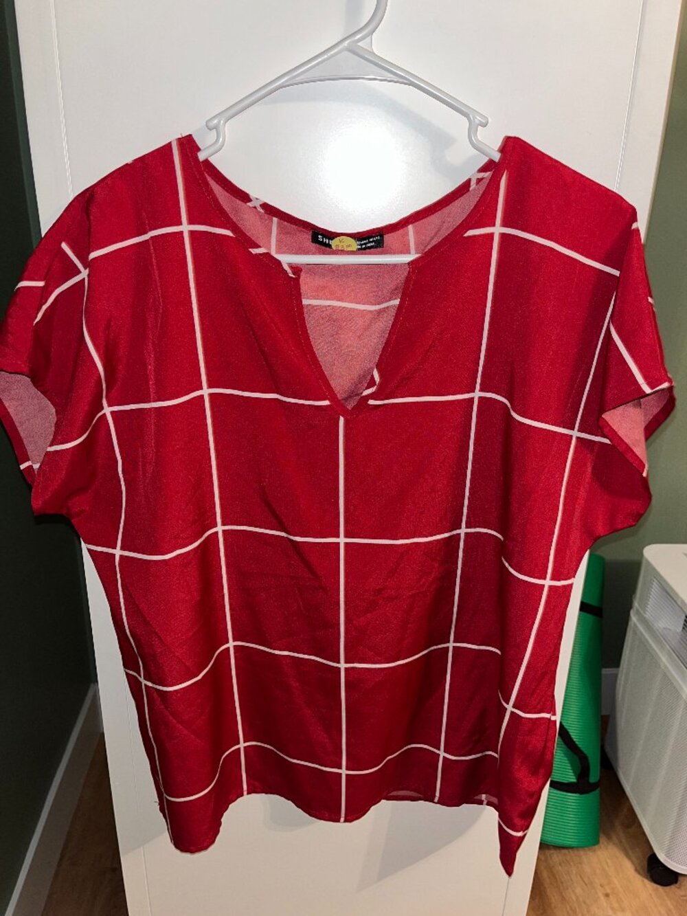 Shein Red with White Pin Stripes Short Sleeve Blouse